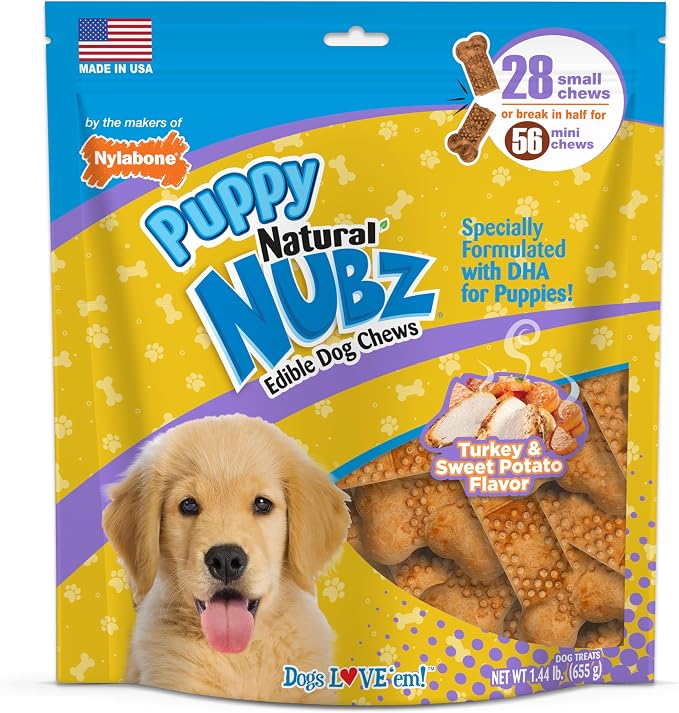 Nylabone Nubz Natural Dog Chew Treats for Puppies, Long Lasting Dog Bones Made in USA, Puppy Training Treats, Turkey & Sweet Potato Flavor, for Small Dogs Up to 25 lbs. (28 Count)