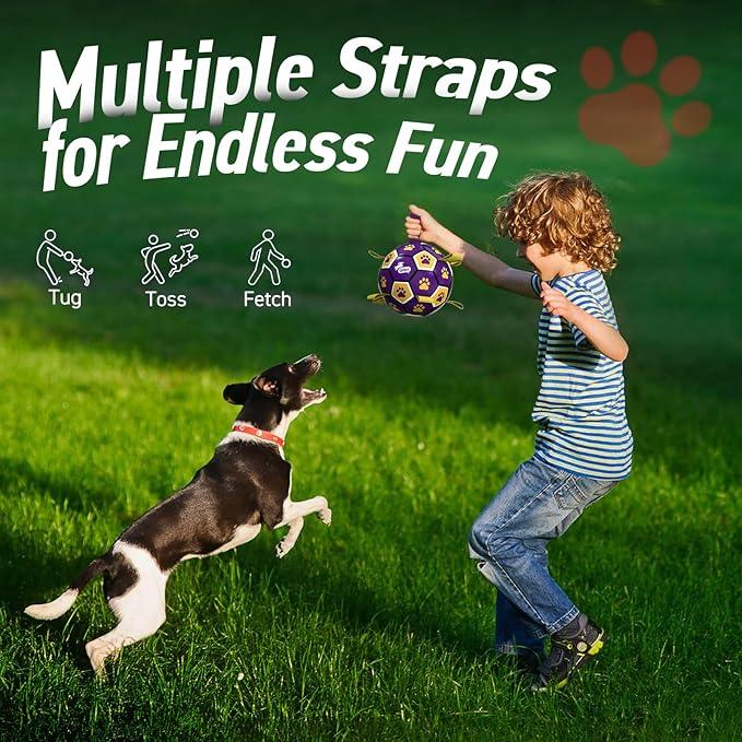 QDAN Dog Ropes Toys, Soccer Ball with Straps, Dogs Water Toy, Durable Dog Balls for Small Medium Breed（6 Inch）