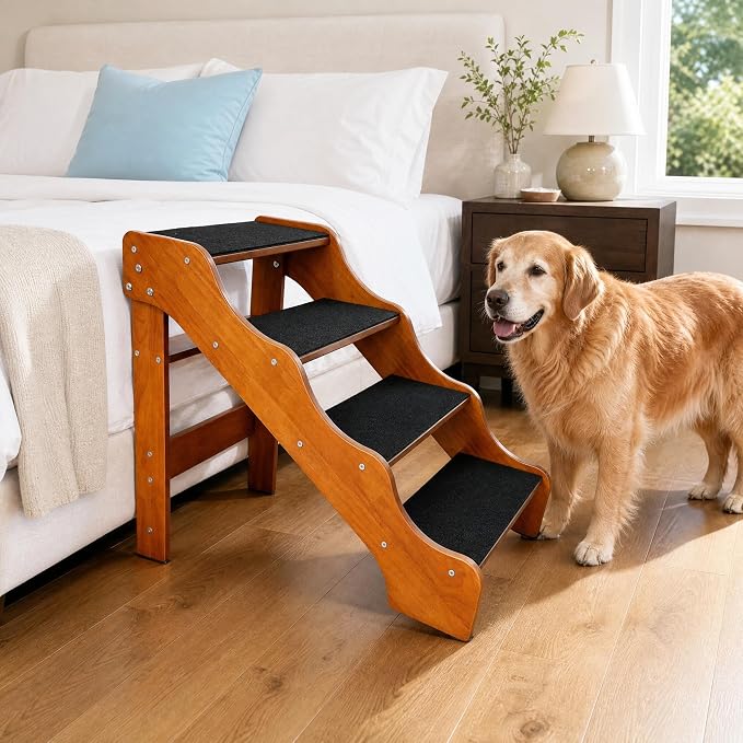 Solid Wood pet Staircase Walnut Paint, Dog Ladder, Suitable for high beds, Sofas, and Cars, with a Weight Capacity of 500 pounds, Anti Slip Staircase, Suitable for Large Pets (Walnut 4 Steps)