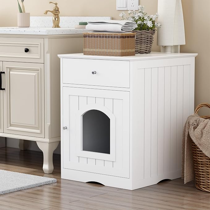 Cat Litter House, Enclosure Cat Litter Box Furniture with Doors Storage Drawer Indoor Cat Washroom Storage Side Table Cat House Large Wooden Enclosure Litter Box