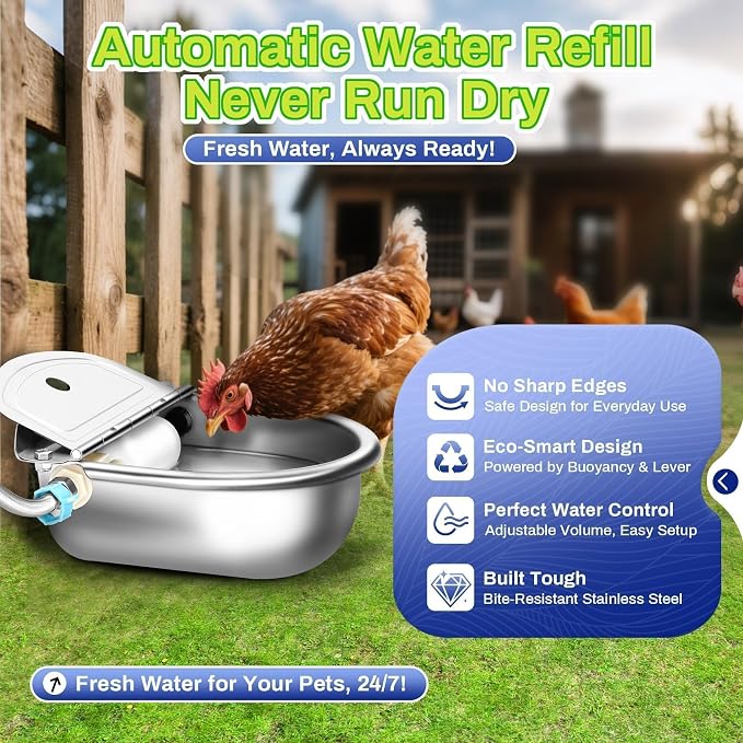 Automatic Animal Drinking Water Bowl with Float Valve, Extended Pipe, Stainless Steel Waterer Feeder Farm Dog Dispenser Kit Self Filling for Livestock Horse Goat Water Trough