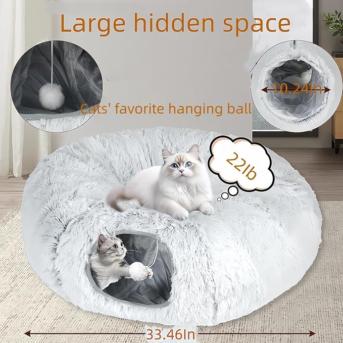Cat Bed, cat Tunnel, Foldable Machine Washable Plush cat Bed, Grey (33.46 inches), with Hanging Toys, Suitable for Multiple