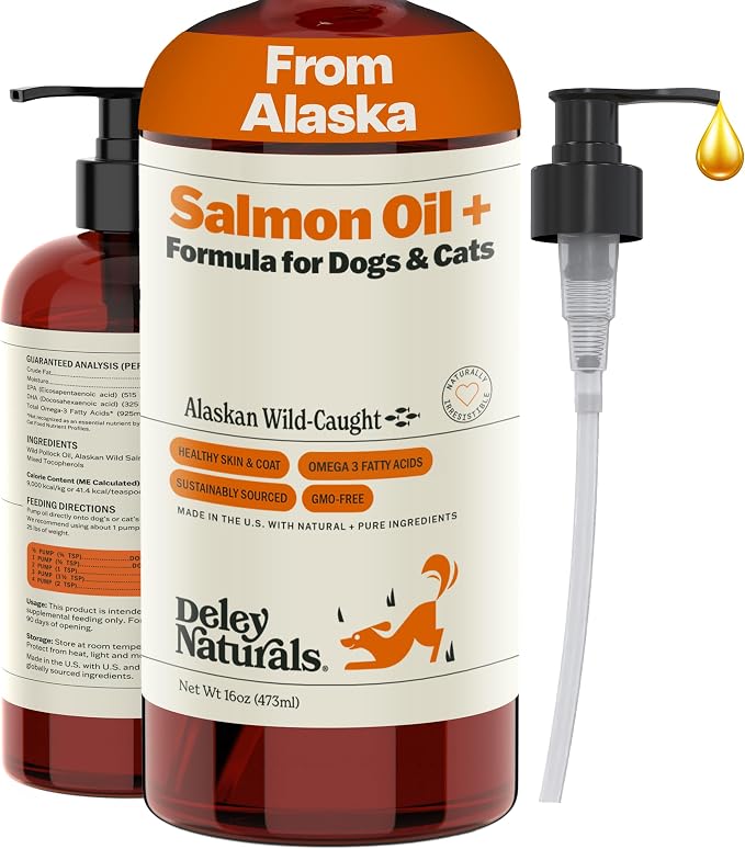 Deley Naturals Wild Alaskan Salmon Oil for Dogs & Cats - New and Improved Salmon Oil Plus Formula - Fish Oil for Dogs with Omega 3, DHA and EPA - Omega 3 for Healthy Skin and Coat - 16oz Made in USA