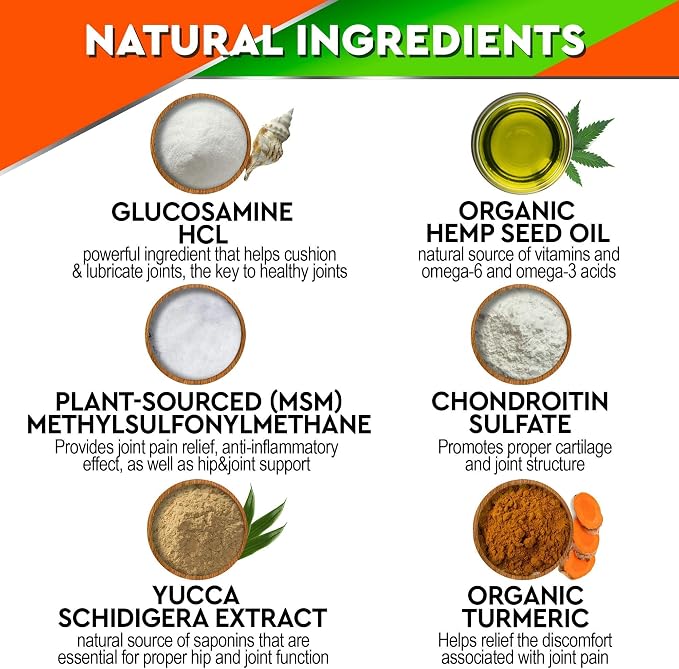 Hemp Hip & Joint Supplement for Dogs - 2 Jars Bacon + Duck Flavoring - Glucosamine, Chondroitin, MSM, Turmeric, Hemp Seed Oil & Hemp Protein for Joint Pain Relief & Mobility - 240 Chews Made in USA