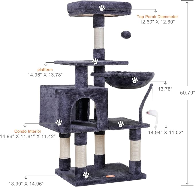 Heybly Cat Tree with Toy, Cat Tower condo for Indoor Cats, Cat House with Padded Plush Perch, Cozy Hammock and Sisal Scratching Posts, Smoky Gray HCT004G
