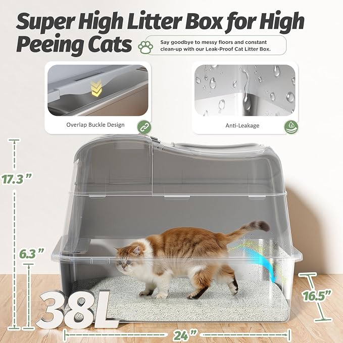 Shikha Stainless Steel Cat Litter Box with 110° Flip-Top Lid -XXL Top Entry Enclosed Litter Box for Large Cats with Deodorization Box, Odor-Free, Non-Sticky, Anti-Leak, Removable Lid for Easy Cleaning