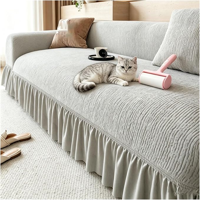 Velvet Sofa Cover with Skirt,Full Coverage Non-Slip Couch Slipcover, Soft Textured Furniture Protector for Living Room with Free Pet Lint Remover Roller(Gray,Single Seat)