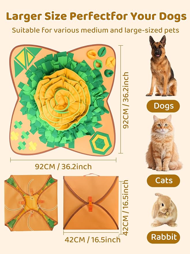 Snuffle Mat for Dogs Breed - Interactive Dog Toys for Boredom - Sniff mat - Mental Stimulation - Enrichment Toys- Slow Feed- Washable & Foldable (Orange, Large)