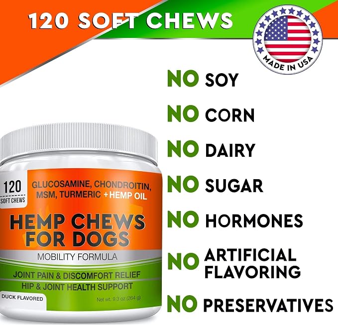 Hemp Hip & Joint Supplement for Dogs - 2 Jars Bacon + Duck Flavoring - Glucosamine, Chondroitin, MSM, Turmeric, Hemp Seed Oil & Hemp Protein for Joint Pain Relief & Mobility - 240 Chews Made in USA