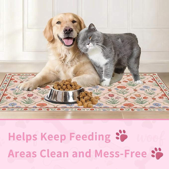 Vintage Floral Pet Feeding Mat, Absorbent Dog & Cat Food Mat for Bowl, Non-Slip Quick Dry Pet Placemat Floor Protector for Messy Drinkers(17 x 30 in)