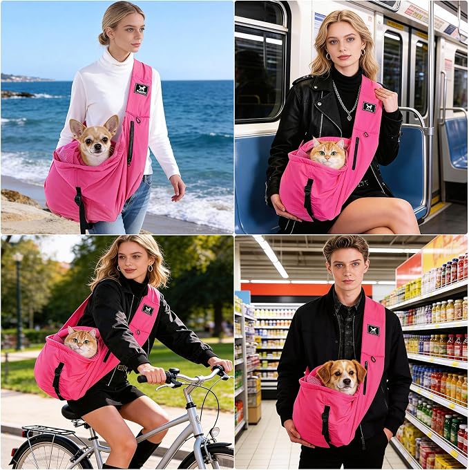 Pet Sling Carrier for Small Dogs and Cats 5-20lbs, Dog Sling with Adjustable Depth, Breathable Air Mesh Puppy Travel Bag, Water Resistant Fabric, Double Safety Leash, Machine Washable,Fuchsia