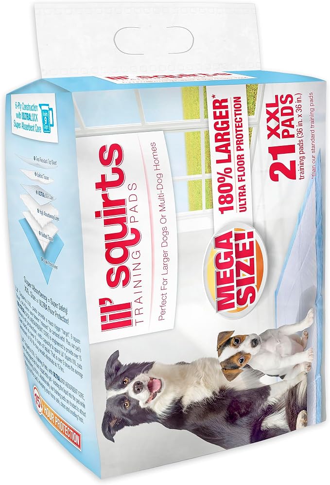 RUFFIN' IT Lil' Squirts XX-Large Mega Training Puppy Pads for Larger Dogs & Multi Dog Homes, Pad Size 3' x 3', 21 Padsper Package, Assorted (82003)