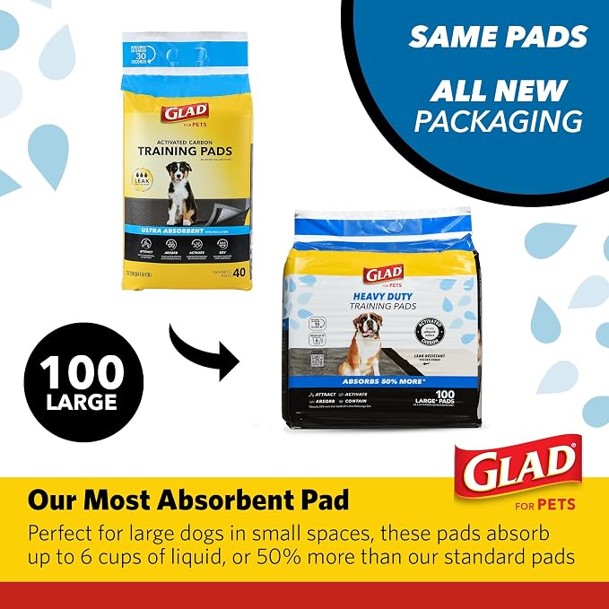 Glad for Pets XL Charcoal Training Pads, Heavy Duty Leak-Resistant Puppy Pee Pads with Activated Carbon Odor Control, Quick-Dry Quilted Top, Indoor Potty & Crate Liner, 24 x 24 in, 100 Count