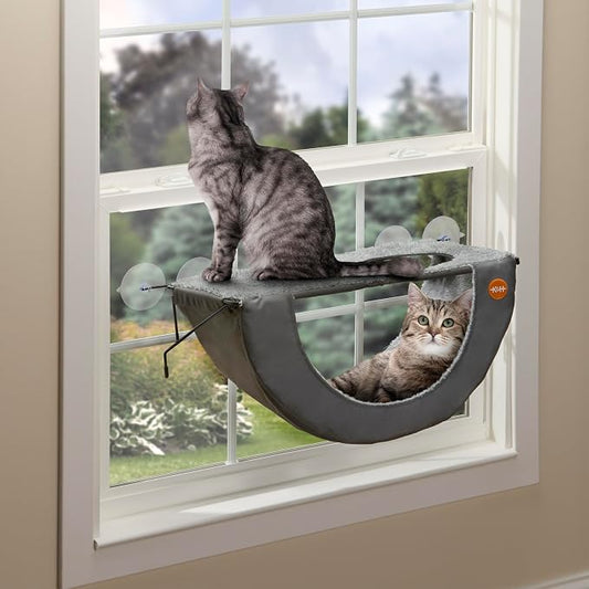 K&H Cat Window Perch EZ Mount Double Window Hammock - Sturdy 2-Level Kitty Sill Seat, Strong Suction Cups, Metal Frame, Cord-Free, Cozy Sunbathing Bed for Multiple Indoor Cats, Holds 50 lbs