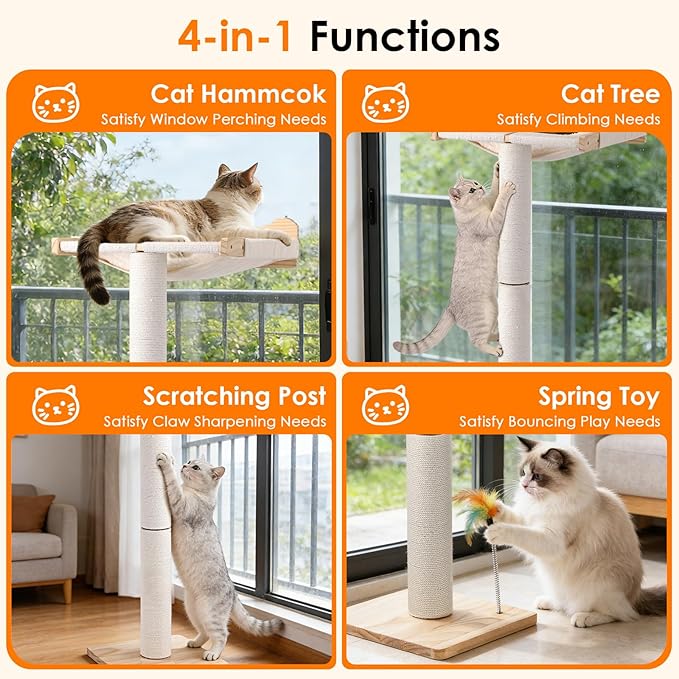 Keaber Cat Scratching Post with Window Perch, 44 Inch Adjustable Tall Sisal Rope Scratching Post for Large Cats, Suction Cup Cat Window Hammock Perch for Bird Watching, Climbing, Sleeping, Beige