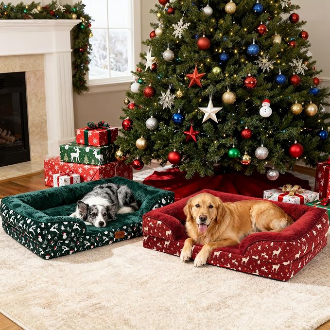 Comfort Expression Orthopedic Dog Bed for Extra Large Dogs 42x30 Inch, Waterproof Egg Crate Foam XL Pet Bed, Gifts for Christmas, Dog Couch with Washable Cover & Non-Slip Bottom, Christmas Green