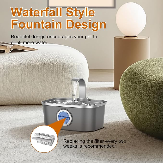 Bobo&Dragon Automatic Stainless Steel Water Fountain for Cat & Dog in Nebula Gray 124oz/3.5L Quiet Faucet Flow Water Dispenser, Fresh Filtered Hydration, Easy Clean, Leak-Proof for Indoor Pets