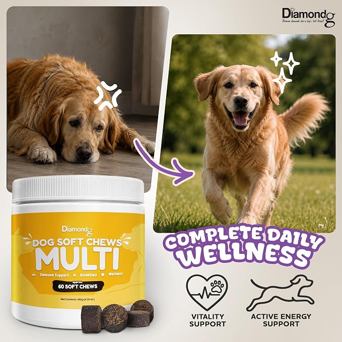 Diamondg Dog Mutivitamin Chews with Turkey Tail & Probiotics, 60ct - All in One Dog Nutritional and Health Supplement to Support Critical Immune Defense for Puppy & Senior, Daily Multivitamin for Dogs