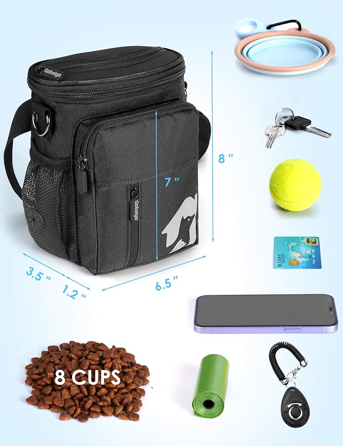 Gobeigo 8 Cup Dog Treat Pouch and Training Clicker, Dog Walking Bag with Phone Holder, Built-in Poop Bag Dispenser, 3 Ways Wearable Pet Fanny Pack for Outdoor Travel (Full Black)