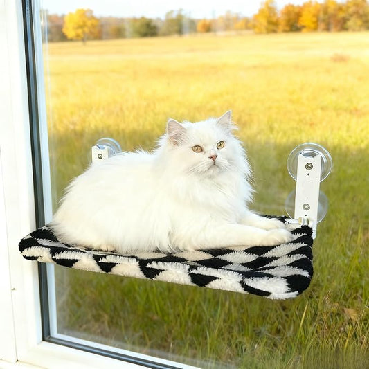 Cat Window Perch, Foldable Cat Hammock Seat for Window with Metal Frame and Large Suction Cups, Window Perch for Cats Inside, Hold 40lb (Black and White, XL)
