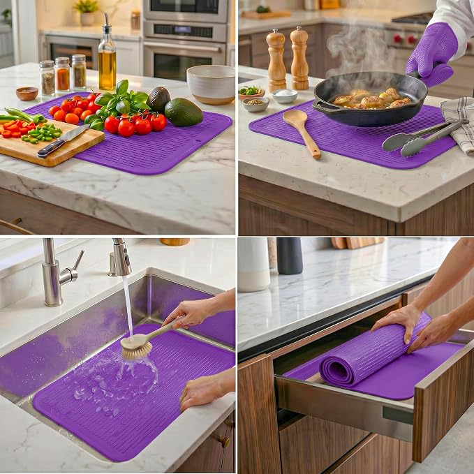 MicoYang Silicone Dish Drying Mat for Multiple Usage,Easy clean,Eco-friendly,Heat-resistant Silicone Mat for Kitchen Counter or Sink,Refrigerator or Drawer Liner Purple 2XL 24 inches x 18 inches