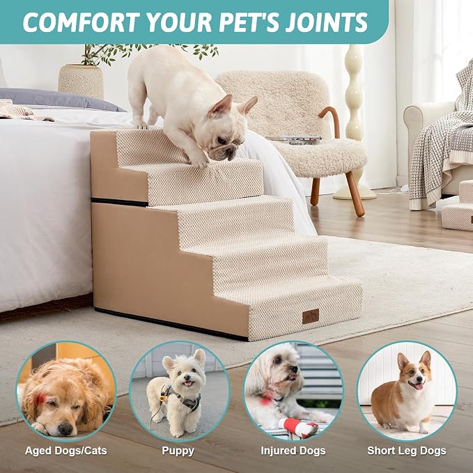 COZY KISS Dog Stairs for Small Dogs, 5 Tier Removable Wider Pet Stairs for Couch and Bed, 23.6" H Non-Slip Dog Steps for Puppies and Old Cats with Support Board, 19.7x29.5x23.6 inch, Beige