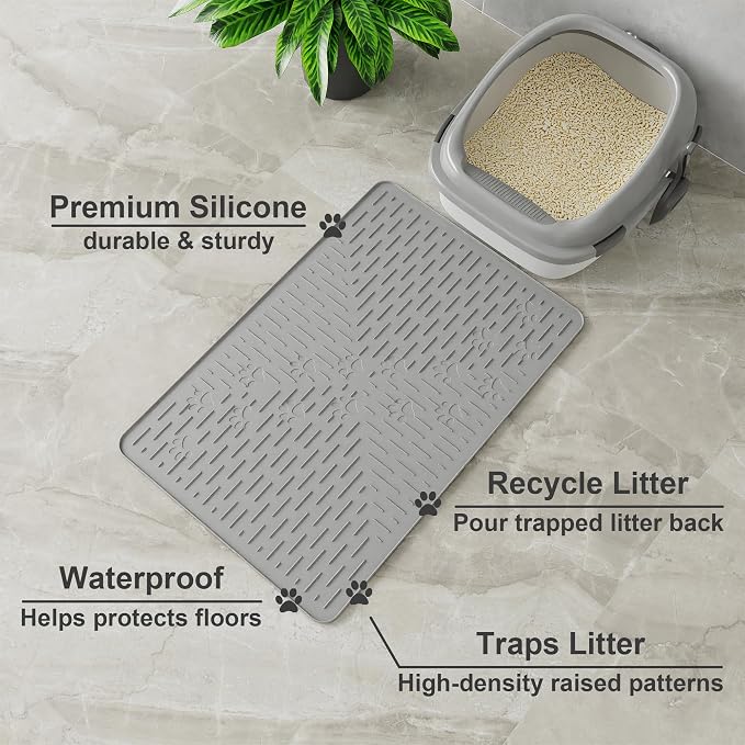 OHMO Cat Litter Mat Trapping Mat Premium Silicone Rubber 23.5x16 Grey, Waterproof and BPA Free Kitty Litter Box Mat, Easy to Clean and Keeps The Floor Tidy