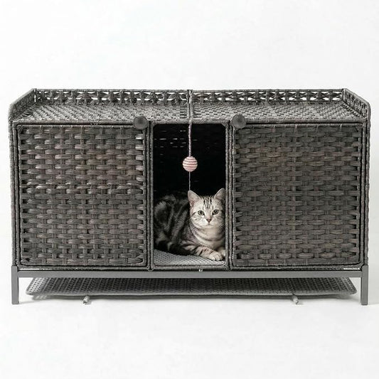 Cat Litter Box Enclosure Furniture, Handwoven Rattan Hidden Cat Washroom Cabinet with Door, Mat and S-Shaped Hooks, Large Cat House for Living Room or Bedroom, Gray