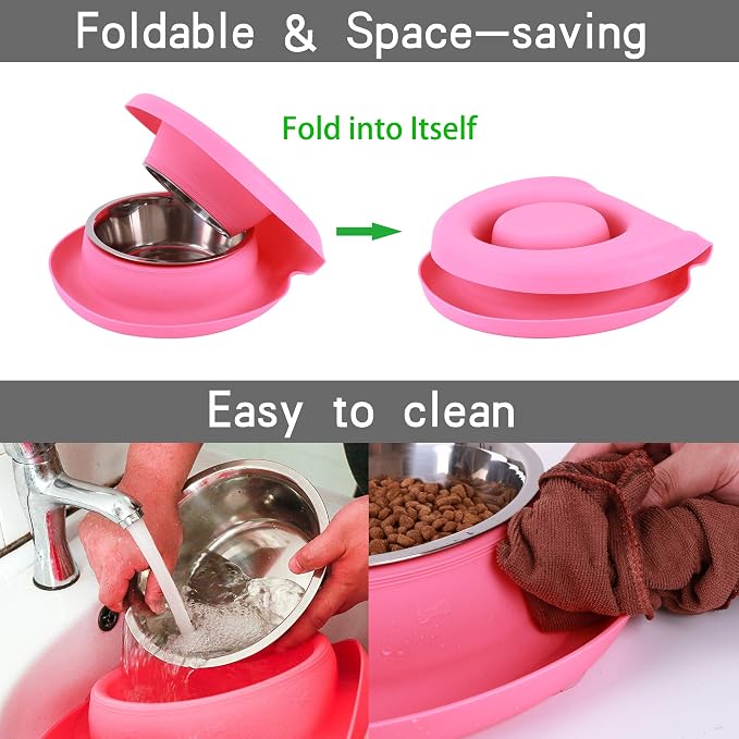100% Waterproof BPA Free Pet Dog Bowls2 Stainless Steel（53oz+27oz） with 1.35“ Raised Edge Silicone Mat + Slow Feed Dog Water and Food Bowls for Feeding Large Dogs Cats Puppies (Pink)