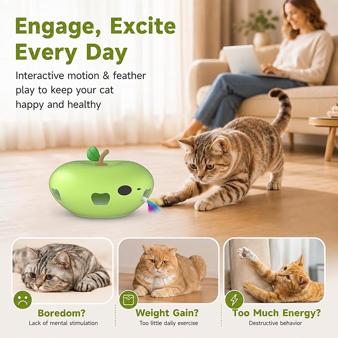 Cat Toys Rechargeable Interactive itten toys , Smart Sensor Automatic Feather Toy with 7 Random Holes, Quiet USB Powered Pop-Up Kitten Toy Simulates Hunting for Indoor Cats, green