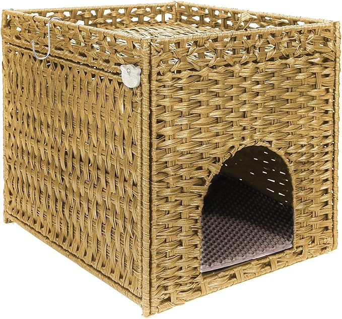 Neti Neti Cat Litter Box Enclosure Furniture, A Calm Enclosed Space Chosen by Cats, Handwoven Rattan Hidden Cabinet with 2 Removable Mats, Large Foldable Design for Indoor Use, Small, Natural