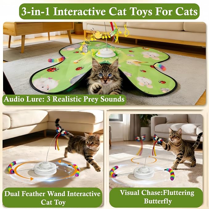 Interactive Cat Toys for Indoor Cats, 3-in-1 Interactive with Fluttering Butterfly Moving Concealed Feathers 3 Prey Sounds, Rechargeable Touch Activated for Bored Indoor Adult Cats Kittens