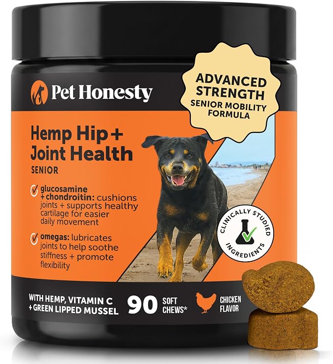 Senior Hemp Hip and Joint Supplement for Dogs - Glucosamine Chondroitin, MSM & Green Lipped Mussel - Relief for Joint Stiffness, Advanced Strength Mobility Support for Senior Dogs (Chicken, 90 Ct)