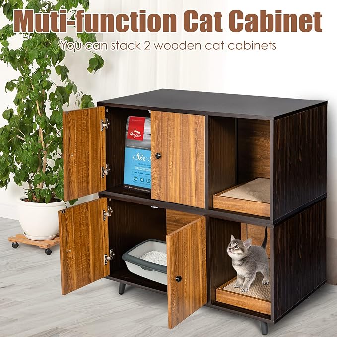 Tangkula Cat Litter Box Enclosure, Cat Washroom W/Divider, Scratching Pad, Metal Leg, Enclosed Cat Box Cabinet Pet House W/Double Doors, Litter Box Furniture Hidden for Large Cat (Walnut & Black)