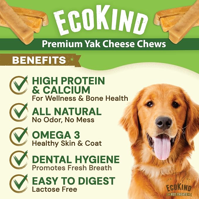 EcoKind Yak Cheese Himalayan Dog Chews, Yak Chews for Large Dogs, Long Lasting Bone for Aggressive Chewers, Only 4 Ingredients, Natural High Protein Treat, No Additives, Water Buffalo, Large - 5 Chews
