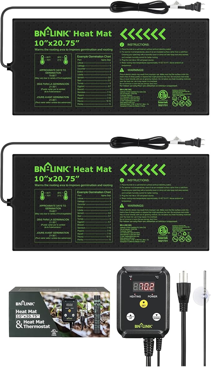 BN-LINK Seedling Heat Mat with Thermostat Controller Combo Set, 10" x 20.75" Plant Heating Mat for Seed Starting with Temperature Control for Indoor Growing, Plants Germination