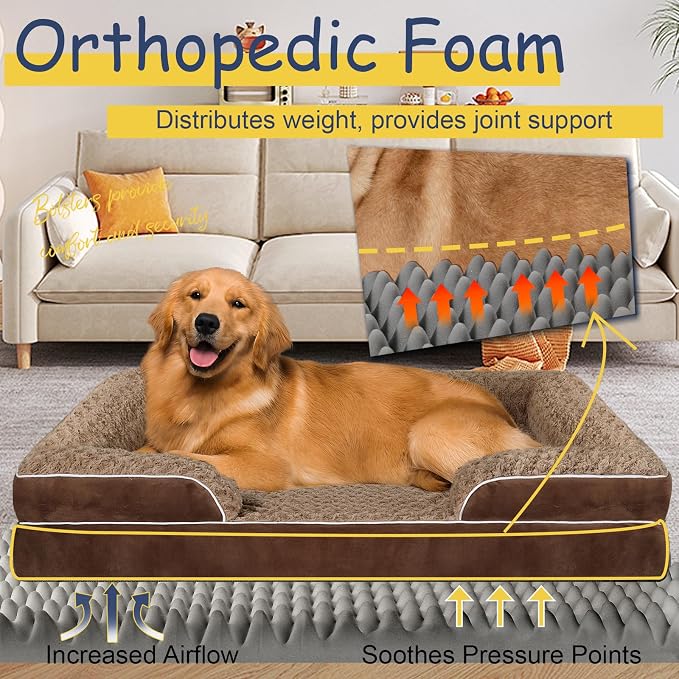 Orthopedic Dog Bed for Large Medium Sized, Washable Memory Foam Large Dog Bed, Durable Medium Pet Sofa with Removable Cover, Washable Waterproof Pet Couch Beds(Brown, XXL)