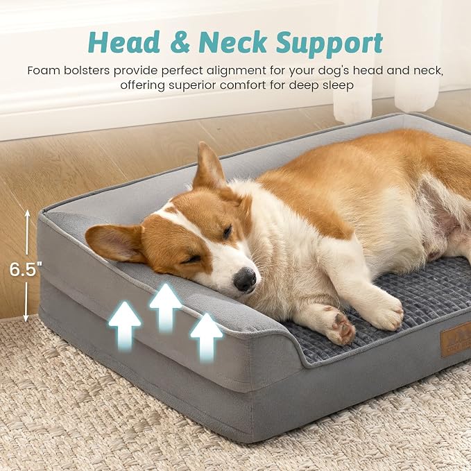 COZY KISS Orthopedic Dog Bed for Medium Small Size Dogs, Bolster Pet Couch with Waterproof Lining, Egg Crate Foam Sofa for Pets Up to 30 lbs, U-Shaped, 30x20x6.5 inch, Grey