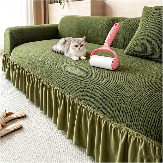 Velvet Sofa Cover with Skirt,Full Coverage Non-Slip Couch Slipcover, Soft Textured Furniture Protector for Living Room with Free Pet Lint Remover Roller(Green,Loveseat)