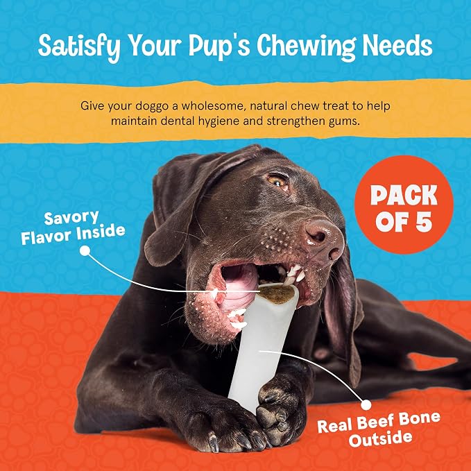 Dog Treats - Stuffed Shin Bones, Dental Chews for Dogs, Long Lasting Dog Bones, High Protein Chews with Peanut Butter Flavor for Small, Medium and Large Dogs, Natural - 6.4 oz (Pack of 5)