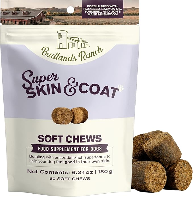 Badlands Ranch Super Skin & Coat Soft Chews for Dogs – Antioxidant-Rich Superfoods with Flaxseed, Salmon Oil, Turmeric & Lion’s Mane Mushroom – 60 Soft Chews