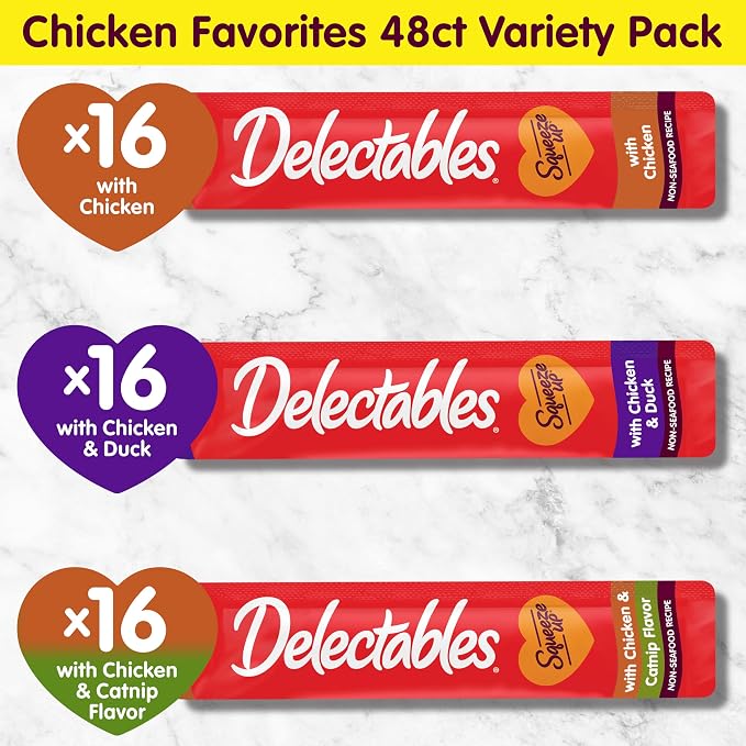 Delectables Squeeze Up Non-Seafood Chicken with Duck & Catnip Variety Pack, Creamy Squeezable Puree, Lickable Wet Cat Treats, Grain-Free, No Added Fillers, 0.5 Ounces Tube, 48 Tubes Total