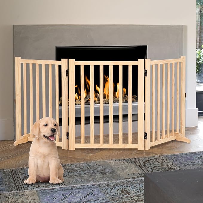 Wooden Freestanding Dog Gate, Foldable Pet Gate with Support Feet, Indoor Dog Fence for The House,Doorways, Stairs，Expandable Pet Fence -3 Panel H:24”