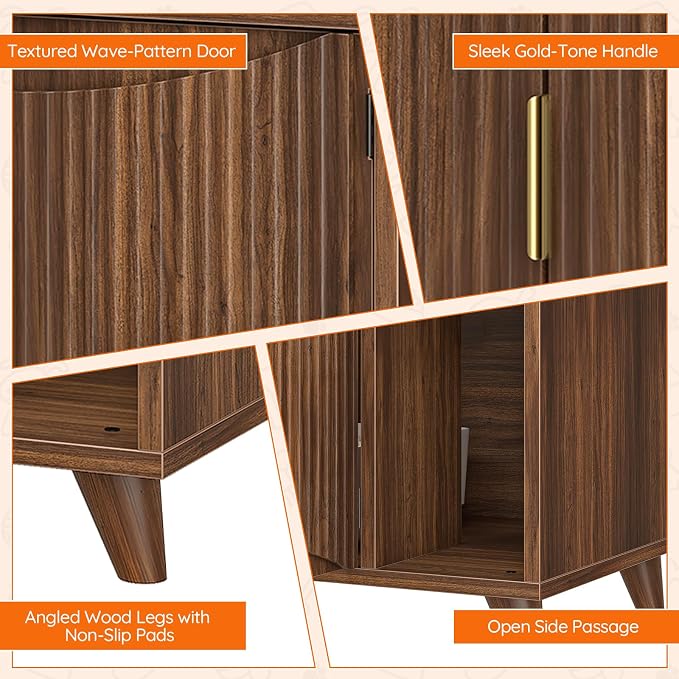 HOOBRO Cat Litter Box Enclosure, 31.5" Hidden Litter Box Furniture with Wave-Patterned Door & Side Entrance, Litter Box Cabinet with Raised Wooden Legs, Living Room End Side Table, Walnut WL28MW01