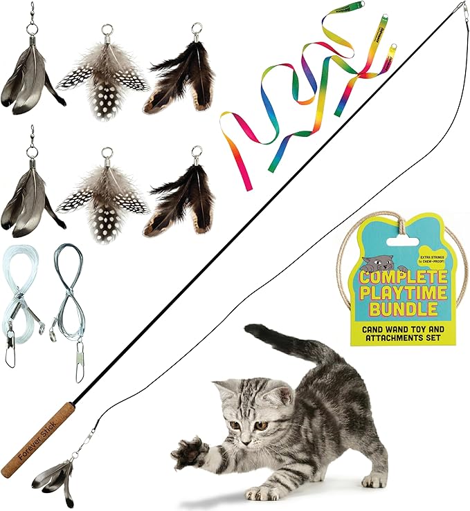 Forever Stick with Cat Toys and Strings Bundle - The Unbreakable Cat Wand Toy, Durable Cat Toy Wand, Extra Long Cat String Toy, Cat Fishing Pole Toy for Bored Indoor Adult Cats, Cat Stick Toy