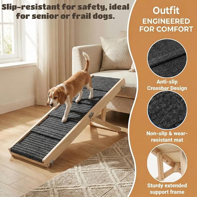 Valerith's Keep Dog Ramp for Couch & Bed for Small Dogs, Foldable Small Dog Ramps for Sofa - 31.5" LX12 W, 4 Adjustable Height, Portable, Stable, Non-Slip, Carry Handle, Wood Color, Solid Wood