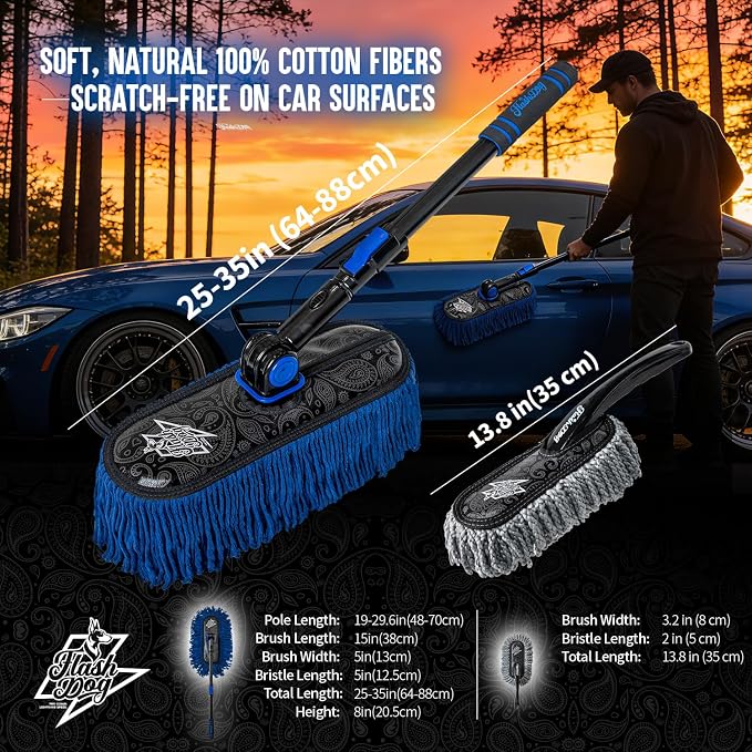 Flash Dog Car Duster Exterior with Car Duster Interior Wax Cotton Hair Scratch Free Cleaning for Cars, SUVs, Trucks | Waterless Dust Remover & Detailing Brushes Set with Storage
