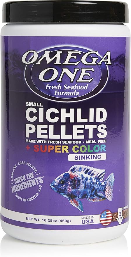 Omega One Super Color Sinking Cichlid Pellets, 2mm Small Pellets, 16.25 oz, Pack of 2