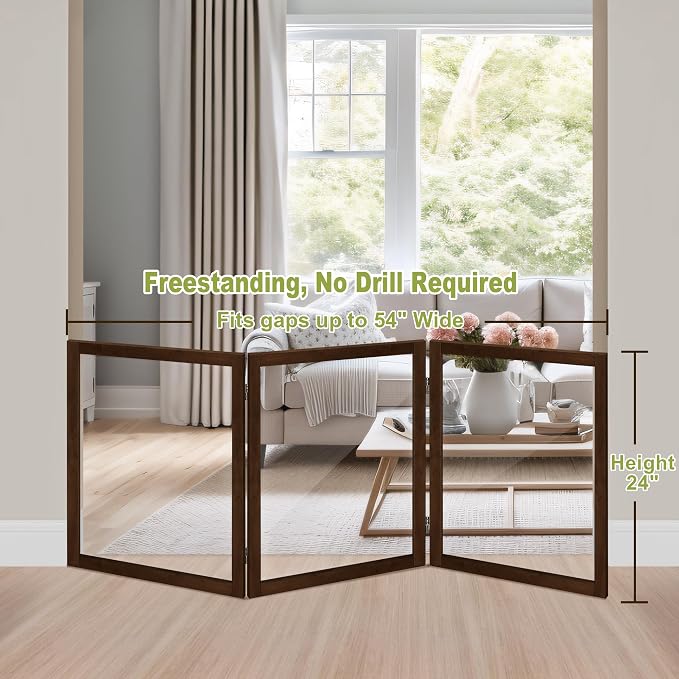 LZRS Clear Dog Gate for Indoor Use - Transparent Pet Fence with Solid Hardwood and Plastic Board, Stylish & Durable freestanding Pet Gate for Doorways, Stairs and Hallways-3 Panel Brown