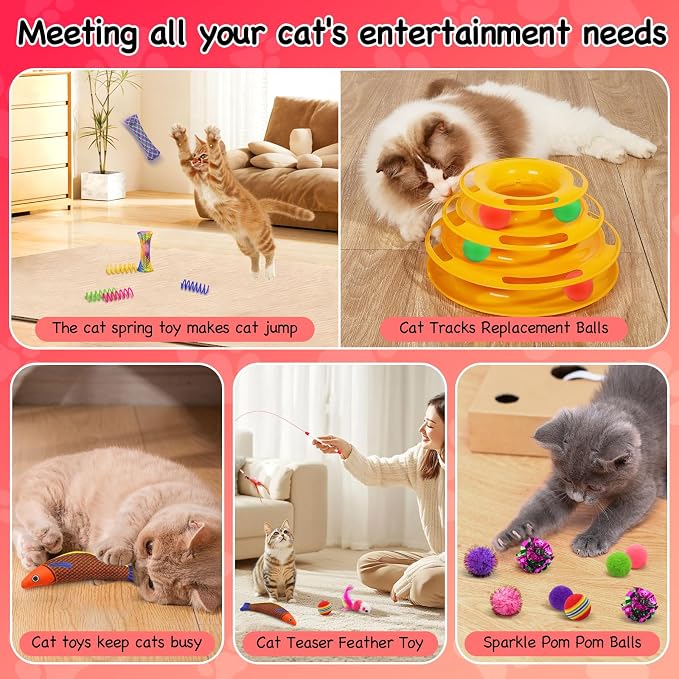 Interactive Cat Toys for Indoor Cats, 39Pcs Kitten Toys with Feather Wand, Catnip Toys, Cat Balls, Springs and Silvervine Sticks for Bored Cats